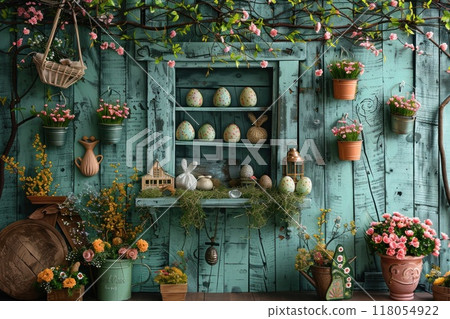Outdoor Easter cottage wall, Easter Theme. Generative AI 118054922