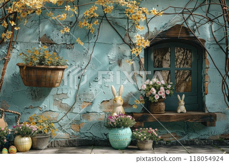 Outdoor Easter cottage wall, Easter Theme. Generative AI 118054924