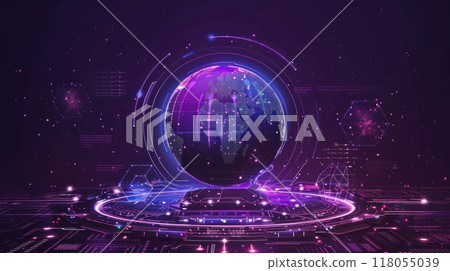 Global network concept with hardware computer server data center and hologram globe. Generative AI 118055039