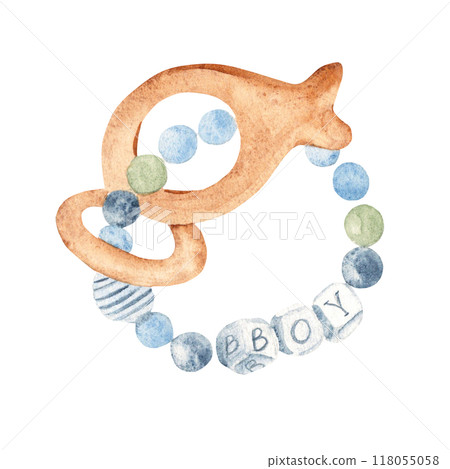 Baby boy Teething Ring. Watercolor illustration of Eco Toy made of Wooden beads and silicone letters spelling BOY. Hand painted illustration of chew eco toy in delicate blue, green and beige tones Baby boy Teething Ring. Watercolor illustration of Eco Toy made of Wooden beads and silicone letters spelling BOY. Hand painted illustration of chew eco toy in delicate blue, green and beige tones 118055058
