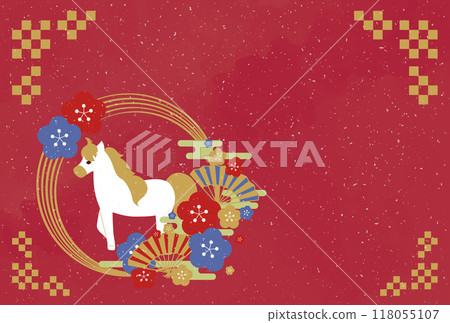 New Year's card postcard material with an illustration of the horse motif for the year of the horse in 2026, Japanese style New Year's card postcard material with an illustration of the horse motif for the year of the horse in 2026, Japanese style 118055107