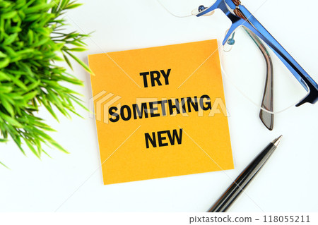 Business, time for something new concept. TRY SOMETHING NEW on a sticker on a white background, top view 118055211