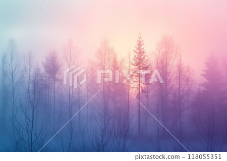 籠罩在彩色霧氣中的奇幻森林 AI 生成素材 118055351