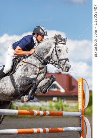 A sportsman riding white horse jumping over obstacle on his showjumping course A sportsman riding white horse jumping over obstacle on his showjumping course 118055407