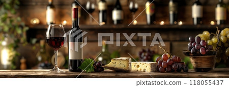 A glass of red wine and a bottle of wine are displayed on a wooden table with cheese, grapes, and a blurred background of wine bottles on a shelf. Generative AI 118055437