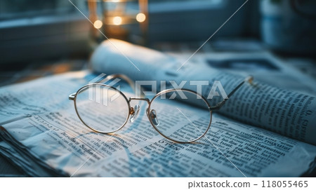 Round eyeglasses rest on an open book with a blurry background. Generative AI 118055465