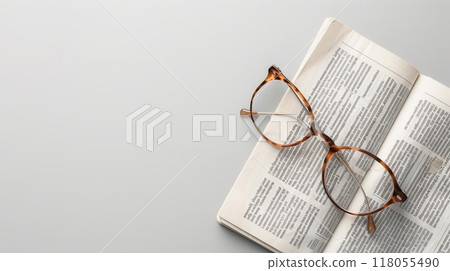 Eyeglasses lie on an open book, resting on a page filled with text. The background is a simple white surface. Generative AI Eyeglasses lie on an open book, resting on a page filled with text. The background is a simple white surface. Generative AI 118055490