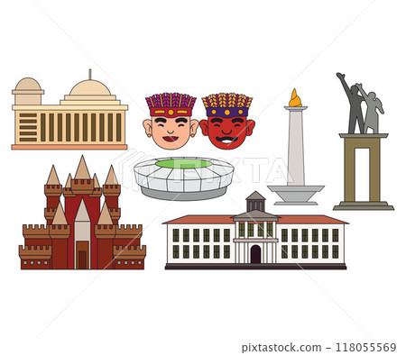 Jakarta Indonesia landmarks place tourist destination Betawi ethnic culture heritage Istiqlal mosque Museum Fatahillah Monas Welcome statue Gelora Bung Karno Taman Mini Ondel-ondel set collection 118055569
