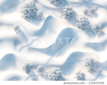 Winter seamless pattern with snowy hills and frost-covered trees under soft sunlight in a remote area during daytime. Generative AI 118055595
