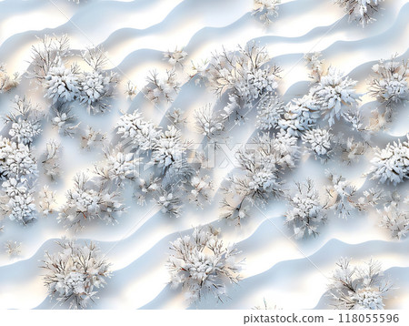 Aerial seamless view of snow-covered trees and rolling drifts in a serene winter landscape captured during a bright sunny day. Generative AI 118055596