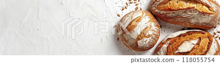 Three freshly baked wheat bread loaves on a white background, with scattered seeds. Generative AI Three freshly baked wheat bread loaves on a white background, with scattered seeds. Generative AI 118055754