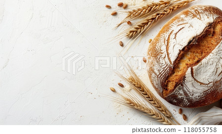 A freshly baked loaf of bread, dusted with flour, sits on a white background. Wheat spikes and kernels surround it. Generative AI A freshly baked loaf of bread, dusted with flour, sits on a white background. Wheat spikes and kernels surround it. Generative AI 118055758
