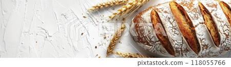 A freshly baked bread loaf made with wheat flour sits on a white background with wheat stalks. Generative AI A freshly baked bread loaf made with wheat flour sits on a white background with wheat stalks. Generative AI 118055766