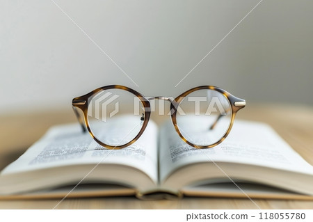Round eyeglasses rest on a white, open book against a minimalist background. Generative AI Round eyeglasses rest on a white, open book against a minimalist background. Generative AI 118055780