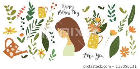Mother day card design with illustration of spring flowers bouquet and green leaves Mother day card design with illustration of spring flowers bouquet and green leaves 118056131