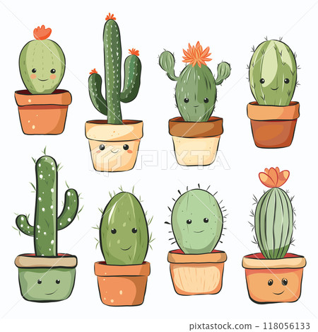Cute cactus eyes and smiling in pots hand drawn illustration Cute cactus eyes and smiling in pots hand drawn illustration 118056133