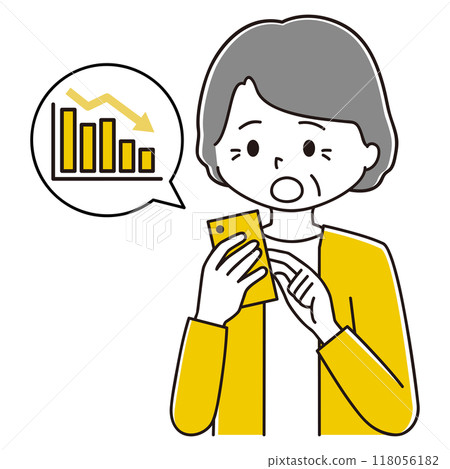 一位老年婦女在智慧型手機上檢查資產減少情況的插圖 一位老年婦女在智慧型手機上檢查資產減少情況的插圖 118056182