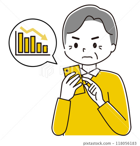一位老人在智慧型手機上檢查資產減少情況的插圖 118056183
