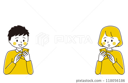 Illustration set of men and women using free space and matching apps 118056186