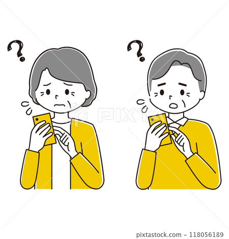 一位老年婦女和一位老年男子在使用智慧型手機時遇到困難的插圖集 一位老年婦女和一位老年男子在使用智慧型手機時遇到困難的插圖集 118056189