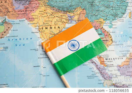 Bangkok, Thailand December 7, 2023, India flag on world map. Bangkok, Thailand December 7, 2023, India flag on world map. 118056635