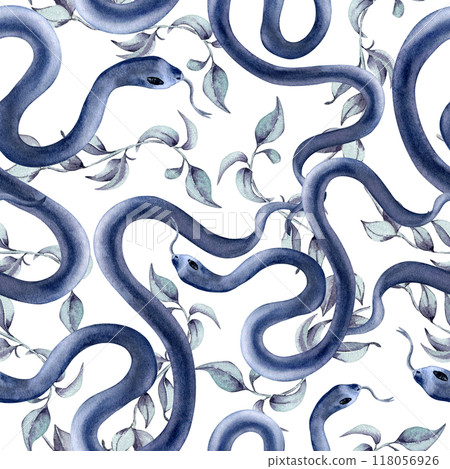 Dark blue snakes twist with delicate leaves watercolor monochrome seamless pattern isolated. Snake pattern with liana and branches in soft tones hand drawn for mystical designs, textiles, wallpapers. 118056926