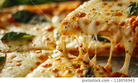 Close-up of pizza slice details with oozing cheese 118056943