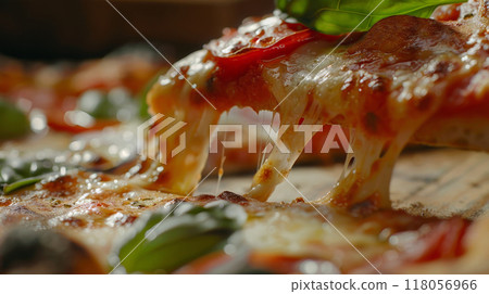 Close-up macro slice of Italian pizza with oozing cheese 118056966