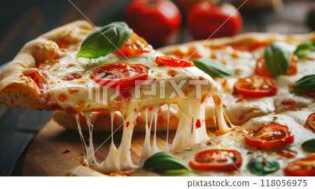Close-up of pizza slice with oozing cheese 118056975