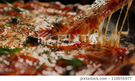 Close-up of pizza slice with oozing cheese 118056977