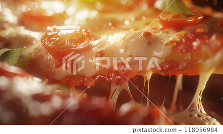 pizza slice macro close-up with melted oozing cheese  118056984