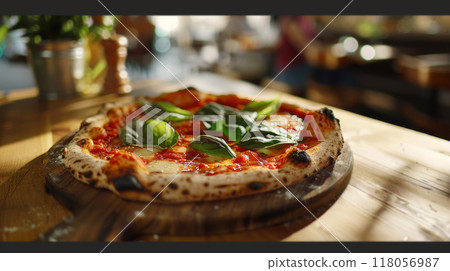 pizza on wooden table in pizzeria restaurant  118056987