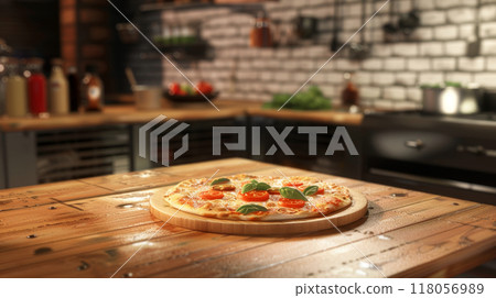 homemade talian pizza on wooden table in kitchen  118056989