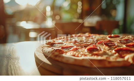 pizza on table in pizzeria restaurant with sunrise bokeh background 118057011