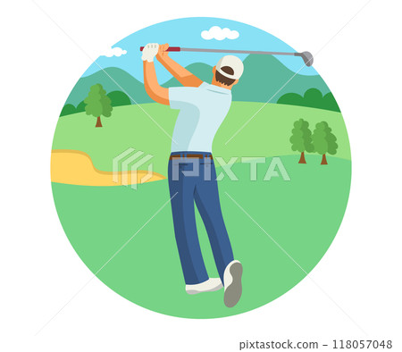 Man hitting a tee shot on a golf course 118057048