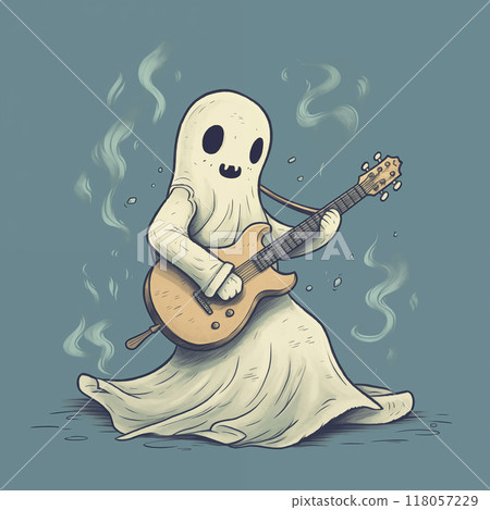Playful ghost playing guitar with a whimsical smoky background 118057229