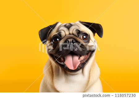Cheerful pug smiling with tongue out against yellow background 118057230