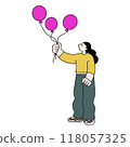 Vector line drawing of a woman holding balloons 118057325