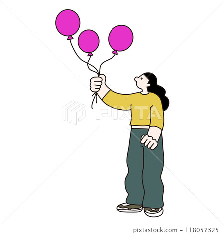 Vector line drawing of a woman holding balloons 118057325