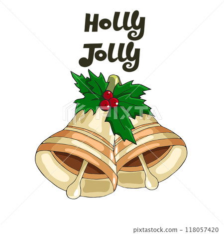 Christmas and New Year golden bells with red bow and holly. Vector illustration. 118057420