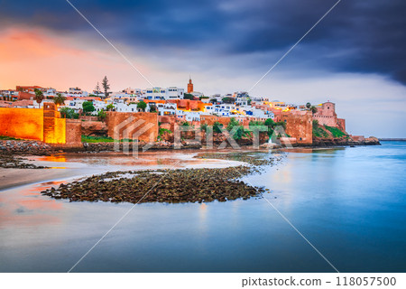 Rabat, Morocco. The Kasbah of the Udayas fortress on Atlantic Ocean coastline and ancient moroccan medina. Rabat, Morocco. The Kasbah of the Udayas fortress on Atlantic Ocean coastline and ancient moroccan medina. 118057500