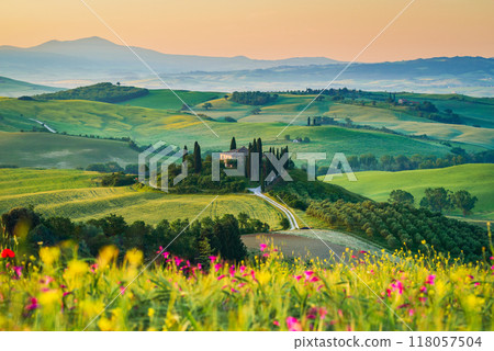 Val d'Orcia, Tuscany. Podere in San Quirico d'Orcia, beautiful spring tuscan landscape in Italy. 118057504