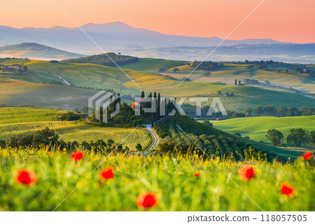 Val d'Orcia, Tuscany. Podere in San Quirico d'Orcia, beautiful spring tuscan landscape in Italy. 118057505