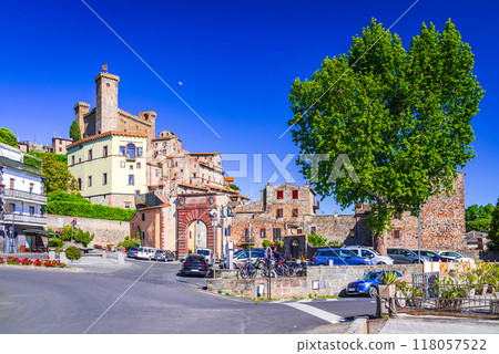 Bolsena, Italy. Castle of Bolsena, old town houses in Viterbo Province, Lazio. 118057522