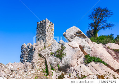 Sintra, Portugal. Aerial top view of Castelo dos Mouros, world heritage place next to Lisbon. 118057525