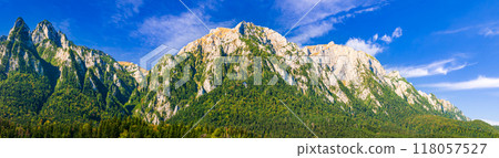 Busteni, Carpathian Mountains. Bucegi Mountains in Romania are known for their stunning landscapes, popular destination for hikers. Busteni, Carpathian Mountains. Bucegi Mountains in Romania are known for their stunning landscapes, popular destination for hikers. 118057527