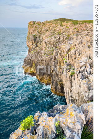 Aerial view of the scenic Cantabrian coastline, Cantabria, Spain. 118057573