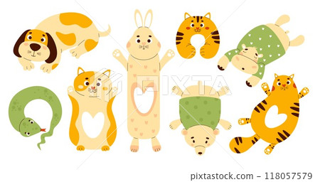 Collection of children plush animal toys. Soft large anti-stress cuddly oversized toy pillows - dog, rabbit, cat, bear, hippopotamus and snake neck pillow. Isolated vector illustrations in flat style 118057579