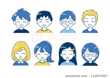 Children's icon illustration set, laughing with mouth open, bust up, blue, yellow Children's icon illustration set, laughing with mouth open, bust up, blue, yellow 118057607