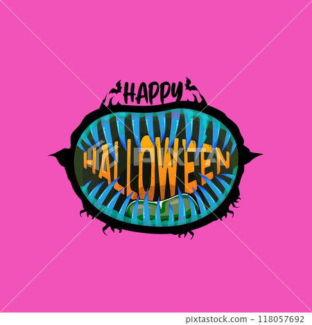 Pink vector Happy Halloween greeting card and poster with funny monster mouth and text. Cartoon vampire and zombie fangs. Cartoon funny zombie monster open mouth with drooling green slime 118057692